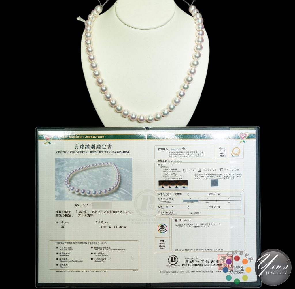 The Tennyo Akoya strand displayed on a white bust above its PSL report, with the report number blurred