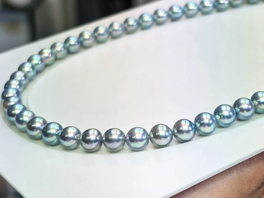 Natural blue Akoya pearl strand, PSL Aurora Blue Rose, 8 to 8.5 mm